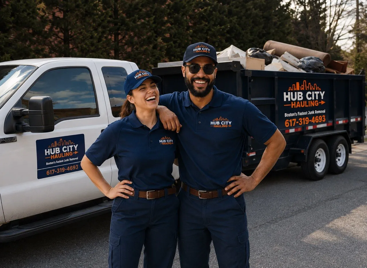 The Hub City Hauling crew in branded gear in front of the truck and loaded trailer